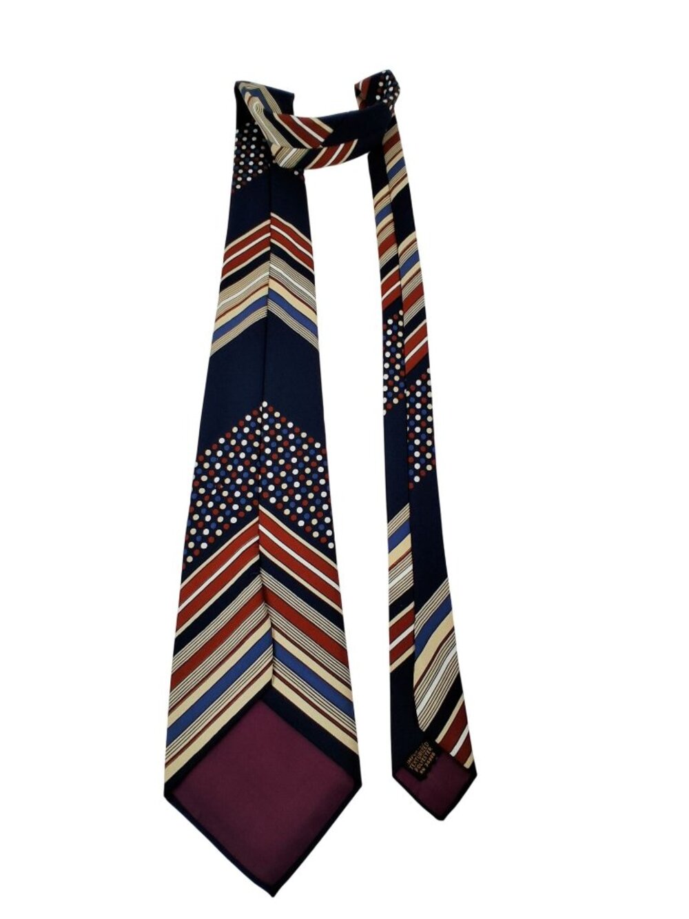Retro Chevron & Polka Dot Mens Tie Blues, Rust, Red, White, Tan, Vintage - Picture 3 of 5